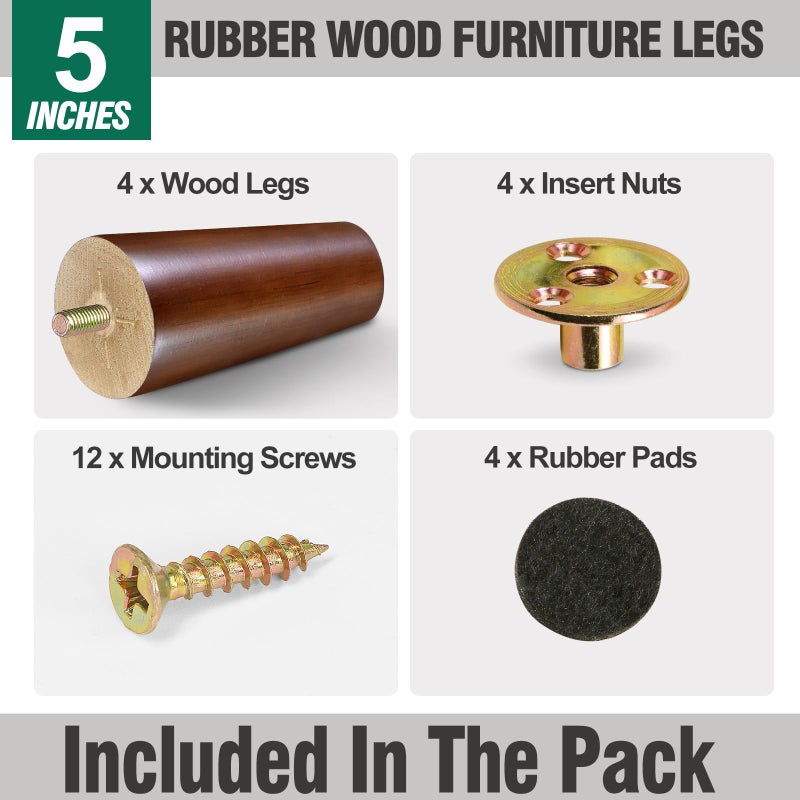 FoDau770 Brown Rubber Wood Furniture Legs 5 Inches, Straight Tapered Wood Feet Mid Century Sofa Legs Set of 4, 5/16"" UNC Furniture Feet Replacement Parts for Cabinet Couch Dresser Chair Ottoman Table - Image 2